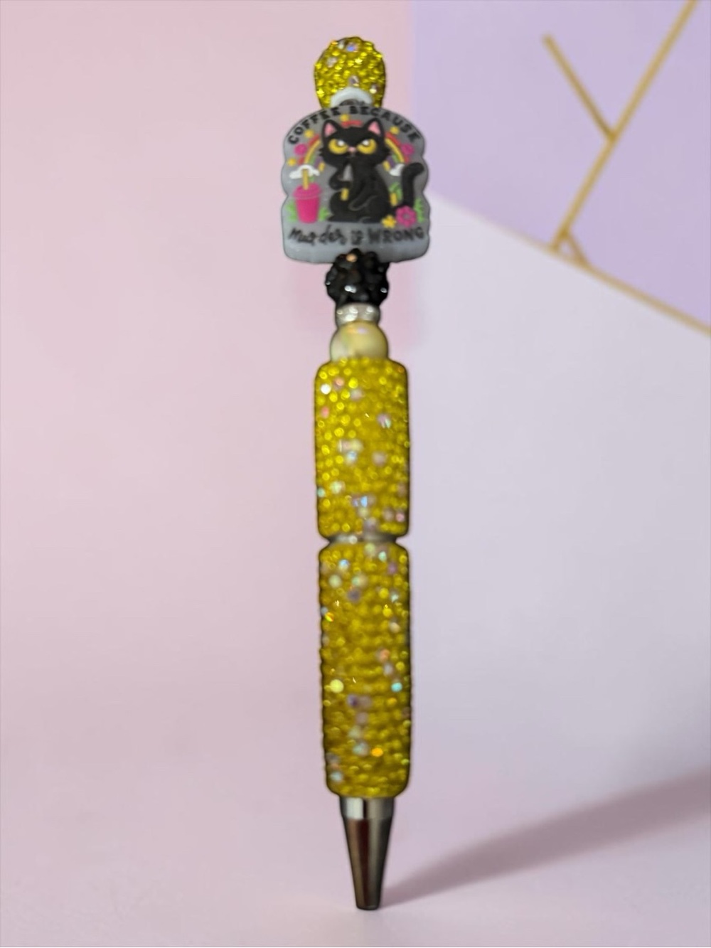 Yellow Rhinestone Crystal Pen with Cat ~ says Coffee because murder is wrong
